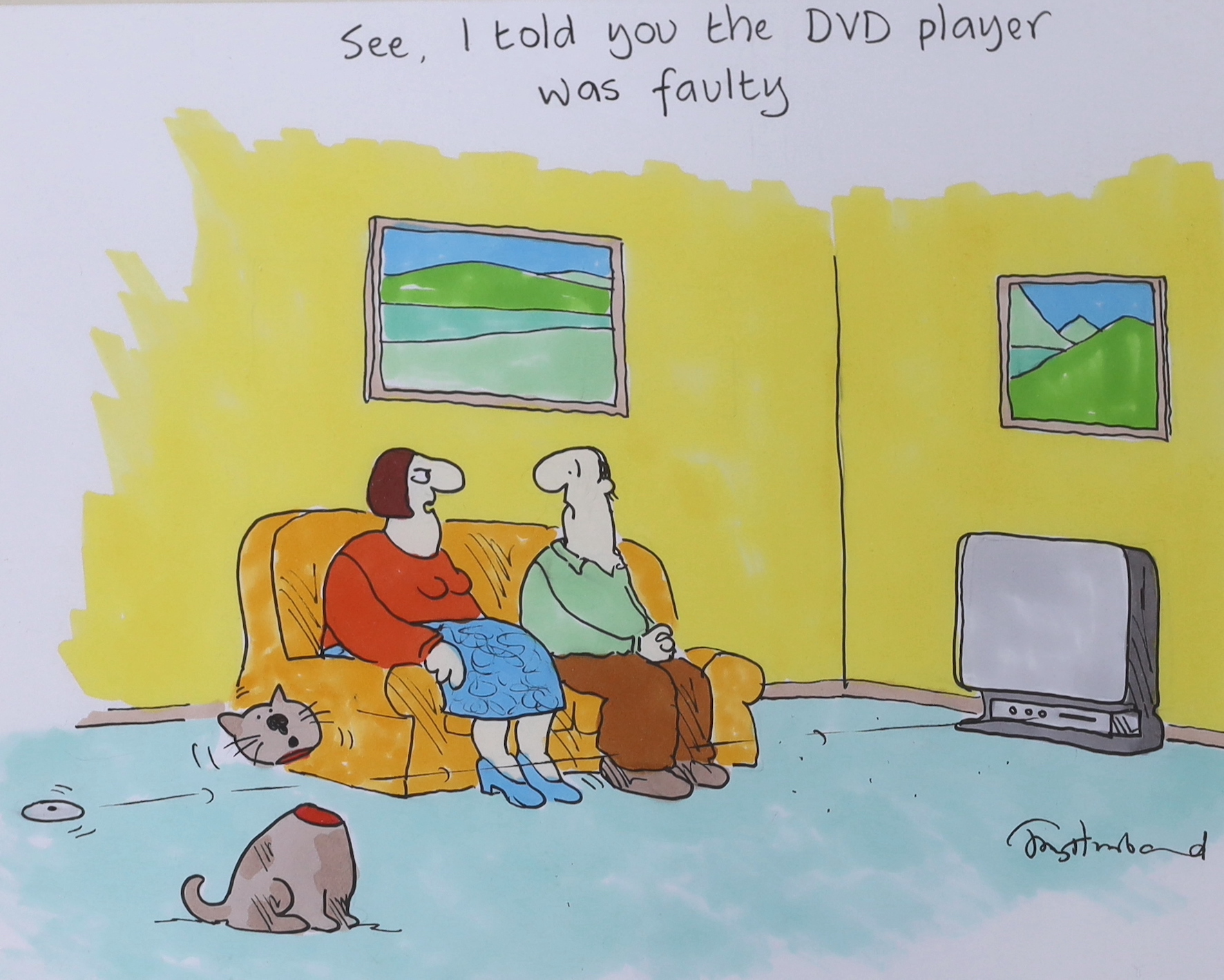 Tony Husband (b.1950), pen, ink and coloured pen, 'See I told you the DVD player was faulty', signed, Chris Beetles label verso, 23 x 28cm